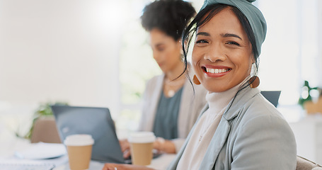 Image showing Face, leadership and woman in meeting in office ready for tasks, goals or targets. Ceo, boss and happy female entrepreneur with vision, mission and success mindset sitting with coworker in workplace.