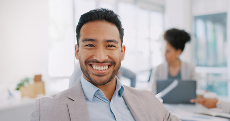 Image showing Happy, face or man in meeting with goals, vision or mission for career success in corporate business office. Portrait, leadership or Asian worker smiles with pride for planning a development project