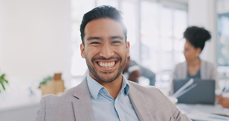 Image showing Happy, face or man in meeting with goals, vision or mission for career success in corporate business office. Portrait, leadership or Asian worker smiles with pride for planning a development project