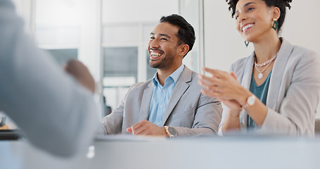 Image showing Busy, business meeting and team, brainstorming for advertising and office. Staff, fast and teamwork for digital marketing, collaboration and group project for conversation, innovation and corporate.