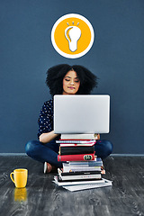 Image showing Black woman, student and laptop with idea icon for education, books and learning knowledge. Person on floor to study for college or university with coffee for online course or mockup research