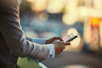 Image showing Hands, phone and futuristic business person with hologram screen typing for UI on the internet, website or web. Closeup, technology and a corporate searching in 3D online with digital connection app