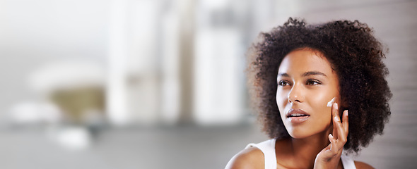 Image showing Skincare, beauty cream and face of black woman in bathroom for wellness, facial treatment and cosmetics. Dermatology mockup, luxury spa and girl for sunscreen creme, anti aging lotion and moisturizer