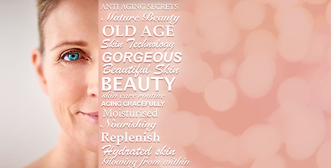 Image showing Senior woman, text overlay and beauty portrait, wellness and anti aging self care with mockup space. Elderly model, skincare collage and health with cosmetics, dermatology and studio background