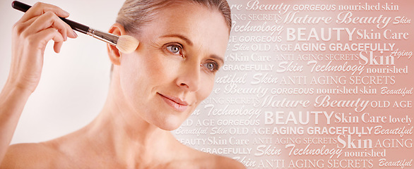 Image showing Senior woman, text overlay and beauty with makeup brush, wellness and anti aging self care with mockup. Elderly model, skincare collage and healthy with cosmetics, dermatology and studio background