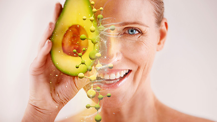 Image showing Face, skincare and senior woman with avocado in studio isolated on a gray background. Portrait, cosmetics overlay and happy female model with fruit for nutrition, vitamin c or healthy diet for beauty