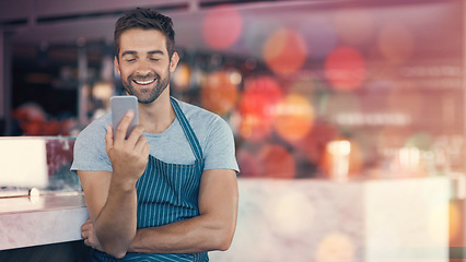 Image showing Small business, coffee shop and man with phone, mockup and confident smile in restaurant, startup pub with mobile app. Success, happy manager or cafe barista with smartphone, apron and service job.