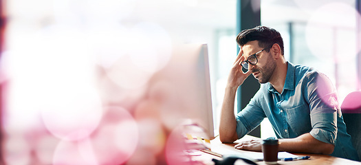 Image showing Stress, headache and businessman on computer with banner, bokeh and mockup. Tired worker, burnout and pain on desktop pc with anxiety, fatigue and problem of mistake, mental health and mock up space