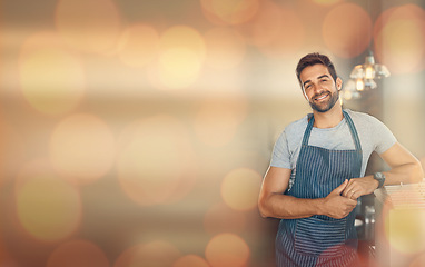 Image showing Small business owner, cafe mockup and portrait of man, bokeh and confident smile in restaurant startup advertising. Success, happy manager or coffee shop barista with in apron and service industry.