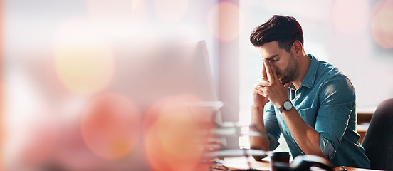 Image showing Headache, computer and sad businessman on banner, bokeh and mockup office. Tired worker, burnout and pain on desktop for anxiety, fatigue and 404 problem of tax stress, mental health or mock up space