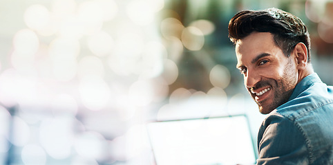 Image showing Laptop, business mockup and portrait of man with smile for project idea, planning and strategy. Success, leadership and face of man with overlay for remote work, freelancer career and copy space