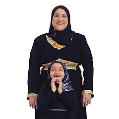 Image showing Islam, smile and portrait of mother and child happy in hijab together and isolated on white background. Love, family and support, Muslim woman with daughter and Islamic culture in studio in Egypt.