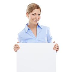 Image showing Happy business woman with a poster with mockup space for announcement, advertising or marketing. Signage, card and portrait of female model with blank board with copy space by white studio background