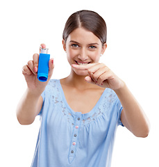 Image showing Woman, asthma pump and smile pointing inhaler for medical solution, respiratory or breathing against white studio background. Portrait of isolated female holding puffer to breathe, allergy or relief