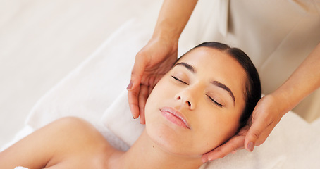 Image showing Relax, woman and spa face massage for a woman for glowing, smooth and healthy skincare treatment at a salon. Beauty, detox and hands healing a young client in a facial physical therapy session