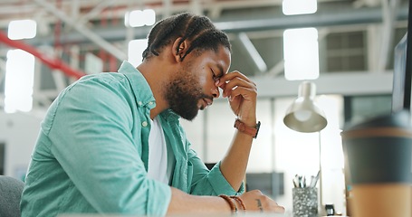 Image showing Headache, tired and burnout business man, working on laptop in office with stress, anxiety and burnout. Fatigue, depression and mental health risk of black man employee headache, angry or frustrated