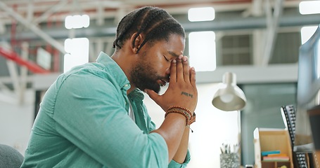 Image showing Business man, stress and tired of depression or headache while working at office with anxiety prayer. Mental health, burnout and hope of male employee with fatigue, pain or frustrated with problem