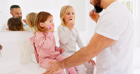 Image showing Brushing teeth, family and bathroom by children learning, cleaning and grooming with father in morning. Happy family, teaching and kids with parent brushing, oral and mouth health, teeth and hygiene