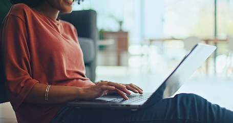 Image showing Black woman, laptop and singing with music headphones in house or home living room to dance audio, radio or podcast. Smile, happy or dancing student with technology for distance learning or education