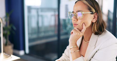 Image showing Email communication, marketing and business woman with computer for seo, website and research on the internet. Digital marketing, analysis and employee reading web information on a pc for work