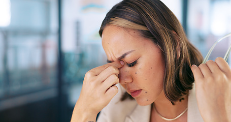 Image showing Headache pain, stress anxiety and woman with migraine crisis, medical healthcare problem or work burnout. Mental health, depression and Asian girl depressed over career, job fail or corporate mistake