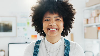 Image showing Creative, design and workshop with a female employee or designer working in an office with a smile and mindset of creativity. Creativity, artistic and vision with a woman at work in a startup company