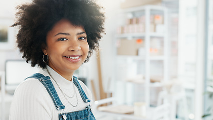 Image showing Employee portrait, happy business and black woman with smile at startup advertising company with mock up. Face of African worker, designer or girl working in marketing office with mockup space