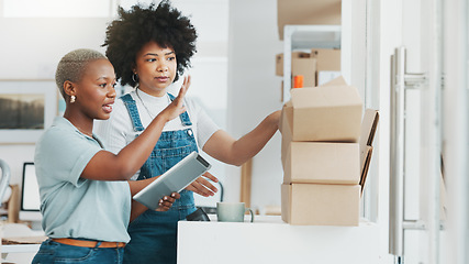 Image showing Ecommerce planning, tablet shipping and women talking about delivery box, collaboration with stock in office and working in retail industry at work. African employees speakinfg about cargo with tech