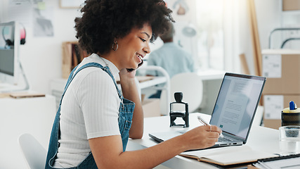 Image showing Management, phone call and business woman working on a laptop in an office, checking online delivery and inventory. Supply chain, stock and ecommerce by business owner enjoy customer conversation