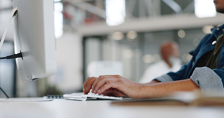 Image showing Hands, typing and computer with a business man at work on a report, project or deadline in his office. Data, email and web with a male employee working on a desktop for networking or communication