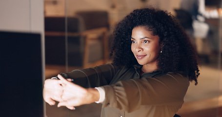 Image showing Relax, office and woman with hands behind her head leaning in chair while working on computer. Success, stretch and African business manager on work break while doing management reports in workplace.