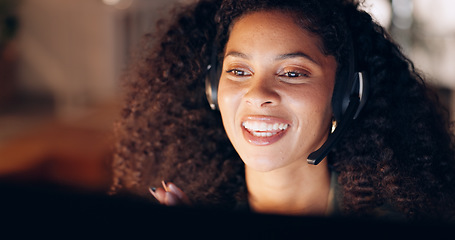 Image showing Happy, call center and black woman working in customer support in office at night, friendly and helpful. Crm, telemarketing and consulting by woman agent offering online support and customer service