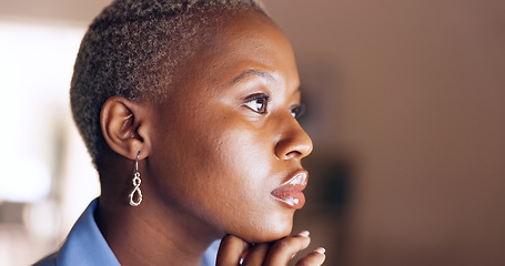 Image showing Black woman, hands or working on laptop planning, creative research or strategy for company vision or mission. Business, typing or thinking about corporate report, schedule or SEO calendar agenda.