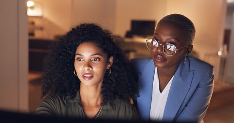 Image showing Manager, feedback and woman on computer working on corporate project with leader in the office. Explaining, leadership and black women in collaboration talking and analyzing online business documents