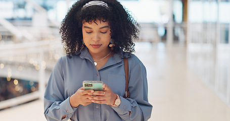 Image showing Phone, smile and black woman in a shopping mall reading social media, web and mobile internet text. Happy online communication, online shopping and mobile phone webpage sale of a woman on a app