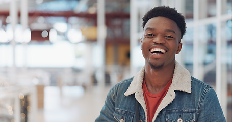 Image showing Black man, face and smile portrait in building for designer success, positive mindset and employee standing in lobby. African man, portrait and happy for innovation vision or entrepreneur headshot