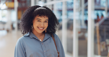 Image showing Business woman, hair and portrait of a happy creative employee confident ready for working. Happiness, black woman and digital marketing worker in a office in the morning smile from web design work