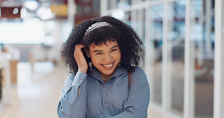 Image showing Business woman, hair and portrait of a happy shy creative employee ready for working. Happiness, black woman and digital marketing worker in a office in the morning smile from web design work