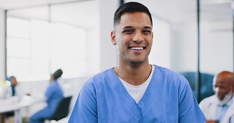 Image showing Face, man and happy nurse in hospital, smiling and ready for tasks. Portrait, medical professional and confident, proud and successful male doctor with vision, mission and wellness goals in clinic.