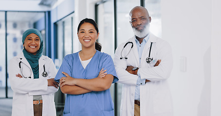 Image showing Diversity, doctors and student portrait in hospital with happy face working together as a team. Young, senior and expert medical workers satisfied with teamwork at healthcare facility.