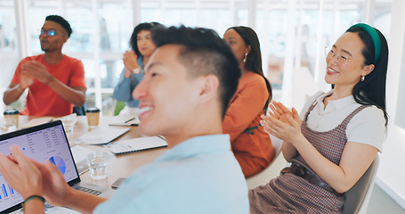 Image showing Applause, audience and business people in a meeting or presentation for finance growth, profit and goal achievement in a creative office. Men and women happy and excited to celebrate news or speech