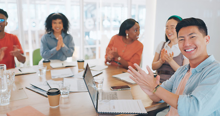 Image showing Applause, audience and business people in a meeting or presentation for finance growth, profit and goal achievement in a creative office. Men and women happy and excited to celebrate news or speech