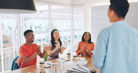 Image showing Presentation, startup and business people applause in meeting for good ideas, vision and strategy. Success, support and young team of workers clapping hands for business proposal, planning and goal