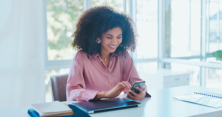 Image showing Business, black woman and smartphone for social media, internet and office. Ceo, female entrepreneur and manager with cellphone, fintech and connection for website search, typing and online reading.