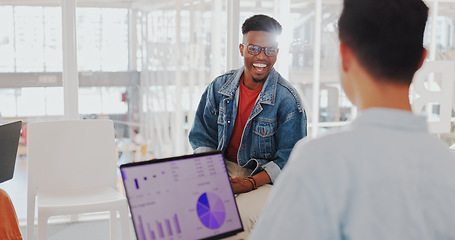 Image showing Meeting, laptop and business men laugh together in office in discussion, planning and marketing strategy. Teamwork, collaboration and workers with charts, profit growth and infographics on computer