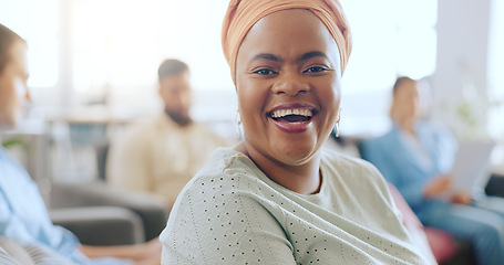 Image showing Black woman, happy portrait and workplace meeting with team, employees and staff in office for workshop, management or startup success. Smile, motivation and laughing female worker excited for growth