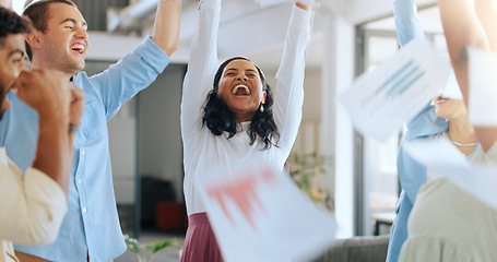 Image showing Success, applause and business people with paper in a meeting for celebration, winning and happy with company achievement. Teamwork, collaboration and employees with documents for happiness and goal