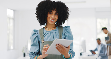 Image showing Face, business and black woman with tablet, connection and social media. Portrait, African American female or leader for digital marketing, fintech or communication for brand development or corporate