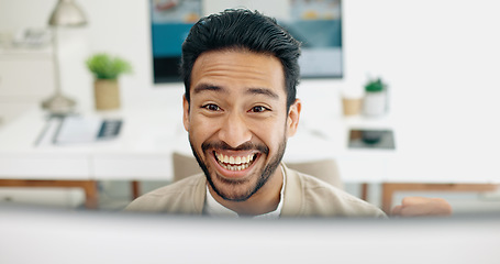 Image showing Happy businessman, success or fist on computer with wow or yes face expression in creative startup deal, goals or target. Smile, excited or winner worker with hands gesture on office technology sale