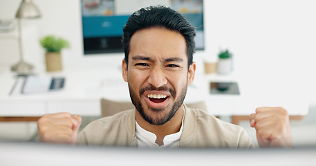 Image showing Happy businessman, success or fist on computer with wow or yes face expression in creative startup deal, goals or target. Smile, excited or winner worker with hands gesture on office technology sale